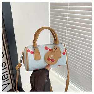 Cute denim cherry print cylindrical handbag women fashion single shoulder messenger bag new style
