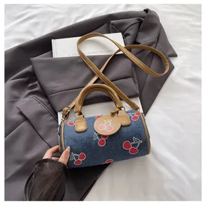 Women denim barrel bag cute cherry print shoulder messenger bag casual crossbody handbag