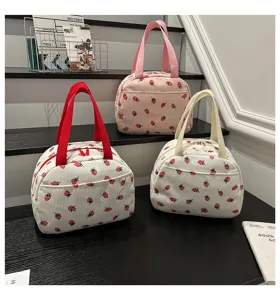 Kordsamt Erdbeer Lunchtasche, süße große Bento Tasche, Freizeittasche Picknick Handtasche Damen.