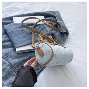 Cute denim bow print barrel bag women fashion casual shoulder crossbody handbag new style