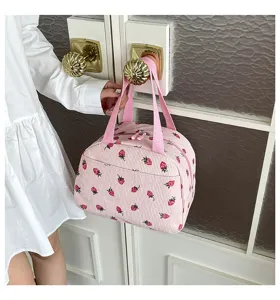 Rosa Kordfutter Erdbeer-Muster Lunchtasche Detail, große Kapazität Bento Handtasche.