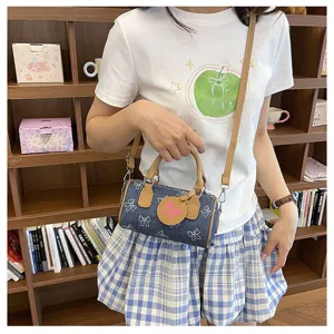 Women denim cylinder crossbody bag cute bow print handbag casual stylish shoulder bag