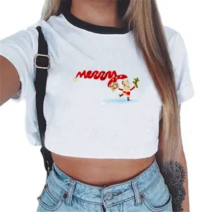 Dames witte crop top t shirt met kerst cartoon print korte mouw casual kleding mode