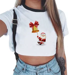 Kerst Kerstman grafische crop t-shirt, korte mouw witte top voor dames vrijetijd.