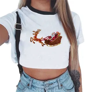 Vrouwen Kerstmis Kerstman print korte mouw crop top, casual contrast trim witte t-shirt details.
