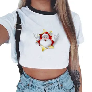 Dames Mode Kerstman Print Korte Mouw Crop Top Wit Casual T-Shirt Voor Vrouwen