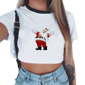 Dames korte mouw crop top met schattige Kerstman print, stijlvol ringer t-shirt voor casual.