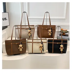 Stylish casual large capacity tote bag with cute bear pendant, trendy women shoulder bag.