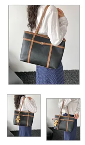 Detailed view of women's black PU leather tote shoulder bag with brown straps and cute bear charm.