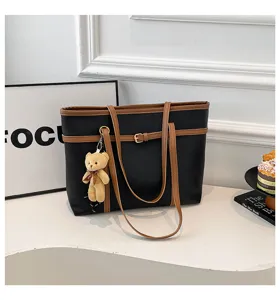 Large capacity black brown tote bag with cute bear pendant, stylish casual shoulder bag.