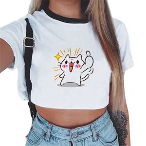 Bonito top corto con estampado de gato de dibujos animados lindo para mujeres y niñas.