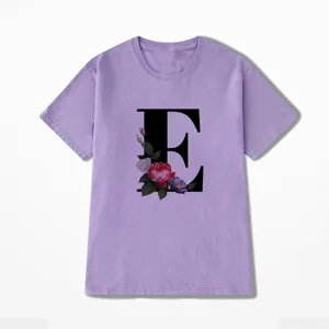 Paars kort mouw T-shirt met bloemen letter E print, casual dames zomer topje.