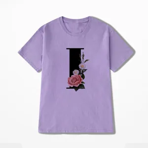 Paars t-shirt met korte mouwen, brief en bloemenprint, casual dames zomer top