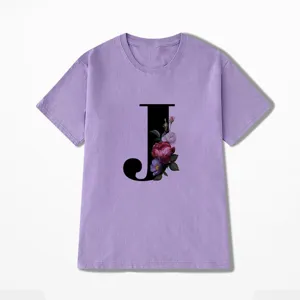 Paars t-shirt met korte mouwen en chique bloemige letter J opdruk, casual basic ronde hals top.