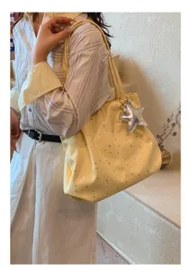 Large capacity star pleated underarm tote bag with silver star pendant commuter shoulder bag