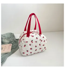 Kordsamt Erdbeere Lunchtasche für Damen, süße tragbare Handtasche und Picknick Bento Tasche.