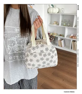 Sac à lunch floral en velours côtelé pour femmes, sac fourre-tout bento portable de grande taille.