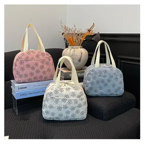 Sac à déjeuner fleuri en velours côtelé cabas mignon portable pour femmes au quotidien