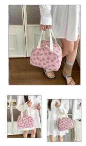Joli sac à lunch en velours côtelé rose avec motif floral noir, grand fourre-tout.