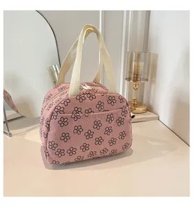 Sac à déjeuner floral en velours côtelé rose, élégant fourre-tout grande capacité.