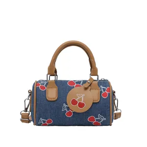 Cute denim cherry print barrel handbag for women, stylish crossbody shoulder bag with handles