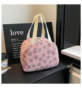 Sac a dejeuner floral en velours cote rose, sac a main elegante, grand sac de pique-nique.