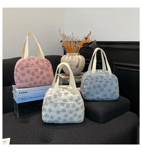 Sac à déjeuner floral en velours côtelé grande capacité cabas pique-nique femme