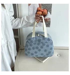 Sac à déjeuner floral en velours côtelé bleu, grand fourre-tout bento portable pour femme.