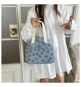 Sac à déjeuner fleuri en velours côtelé avec poignées, fourre-tout décontracté pour pique-nique.