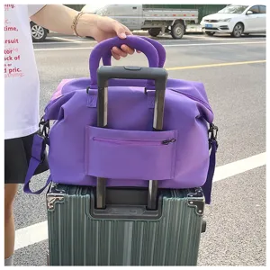 Purple travel duffel bag large capacity fitness gym bag with trolley sleeve and shoulder strap.