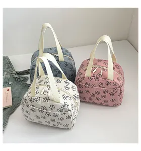 Sac à déjeuner en velours côtelé avec motif floral, grand sac à main bento portable pour femmes.