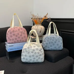 Joli sac à lunch en velours côtelé avec motif pâquerette, grand sac fourre-tout bento pour femmes.