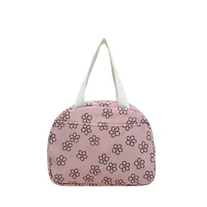 Sac à déjeuner en velours côtelé rose avec motif floral noir, sac fourre-tout pour femmes.