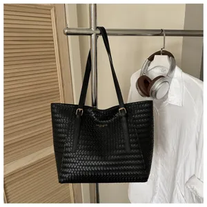 Bolso tote trenzado negro para mujer, bolso de hombro de cuero elegante con hebillas, gran capacidad.