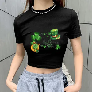 St. Patrick's Day clover print black crop top women short sleeve casual t-shirt detail view
