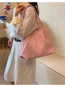 Large capacity pink star pleated tote bag for women, stylish underarm shoulder bag commute.