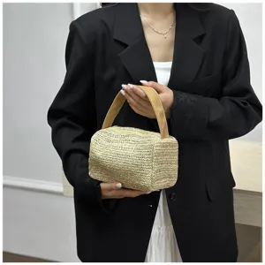Straw woven lunch bag structured top handle handbag casual summer beach tote purse