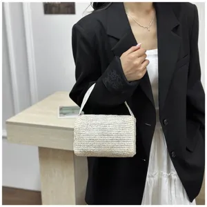 Chic straw woven handbag lunch box style color block design perfect for summer beach and commute