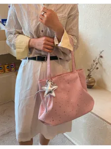 Pink star pleated tote bag women shoulder bag casual commuting handbag with silver star pendant