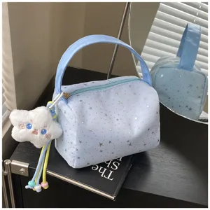 Light blue star pattern cosmetic bag with cute plush cloud charm, stylish handbag for daily use.