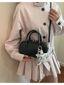 Black Boston handbag for women, casual PU leather crossbody bag with silver star charm.