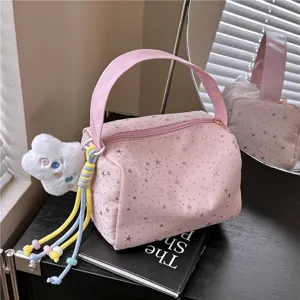 Women Star Print Woven Straw Handbag Casual Summer Beach Lunch Box Bag Versatile Top Handle Tote Bag With Zipper Closure