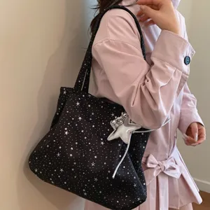 Women Large Capacity Star Pleated Underarm Tote Bag PU Leather Shoulder Bag Casual Sweet Stitching Commuting Handbag
