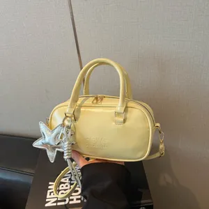 Yellow PU leather Boston handbag, casual versatile crossbody bag for women spring summer fashion.