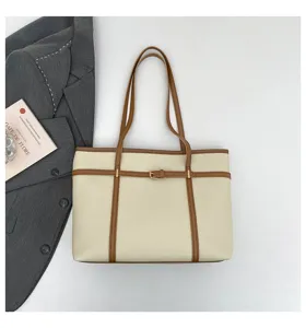 Elegant cream and brown tote bag with decorative buckle, stylish large capacity shoulder bag for women.
