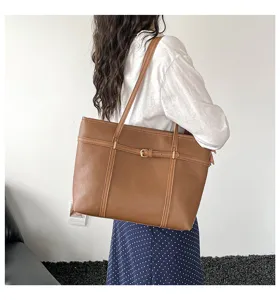 Brown leather large capacity shoulder tote bag detail, stylish casual everyday commute handbag for women