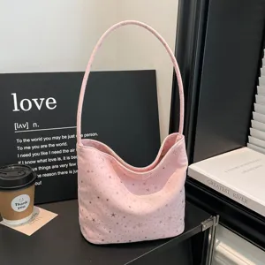 Pink canvas shoulder bag with silver stars, casual hobo bag for women stylish daily use.