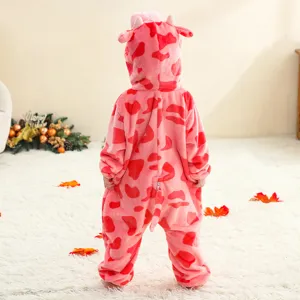 Baby flannel animal onesie romper, cute pink cow costume jumpsuit for toddlers and infants.