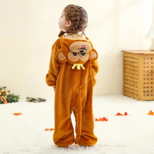 Cute baby flannel monkey onesie detail view, soft cartoon animal romper for infants and toddlers.