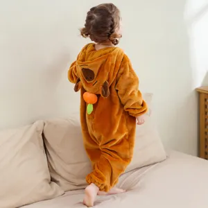 Baby flannel animal jumpsuit, cute brown romper with hood for toddler kids daily wear.